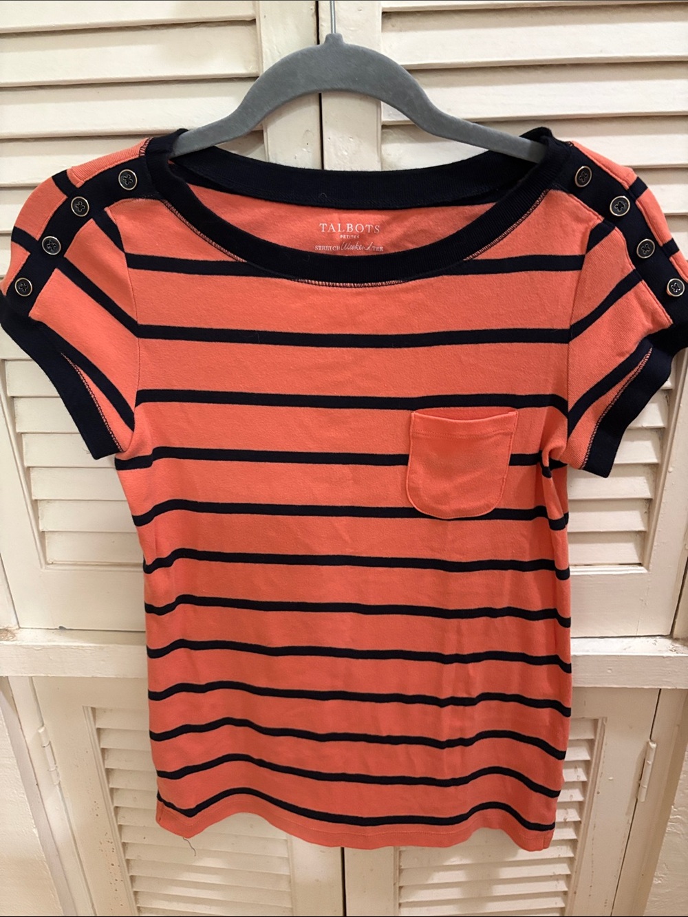 Talbots Coral and Navy Striped Short Sleeve Pocket Tee with Shoulder Buttons